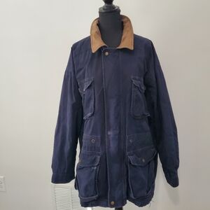 Men's Cool Vintage Navy Barn Chore Utility Jacket Coat Leather Collar Size XL